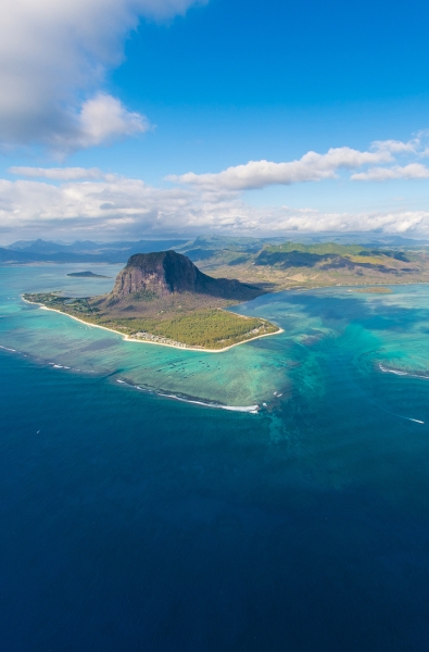 Aerial view of Le Morne Brabant and turquoise lagoon in Mauritius