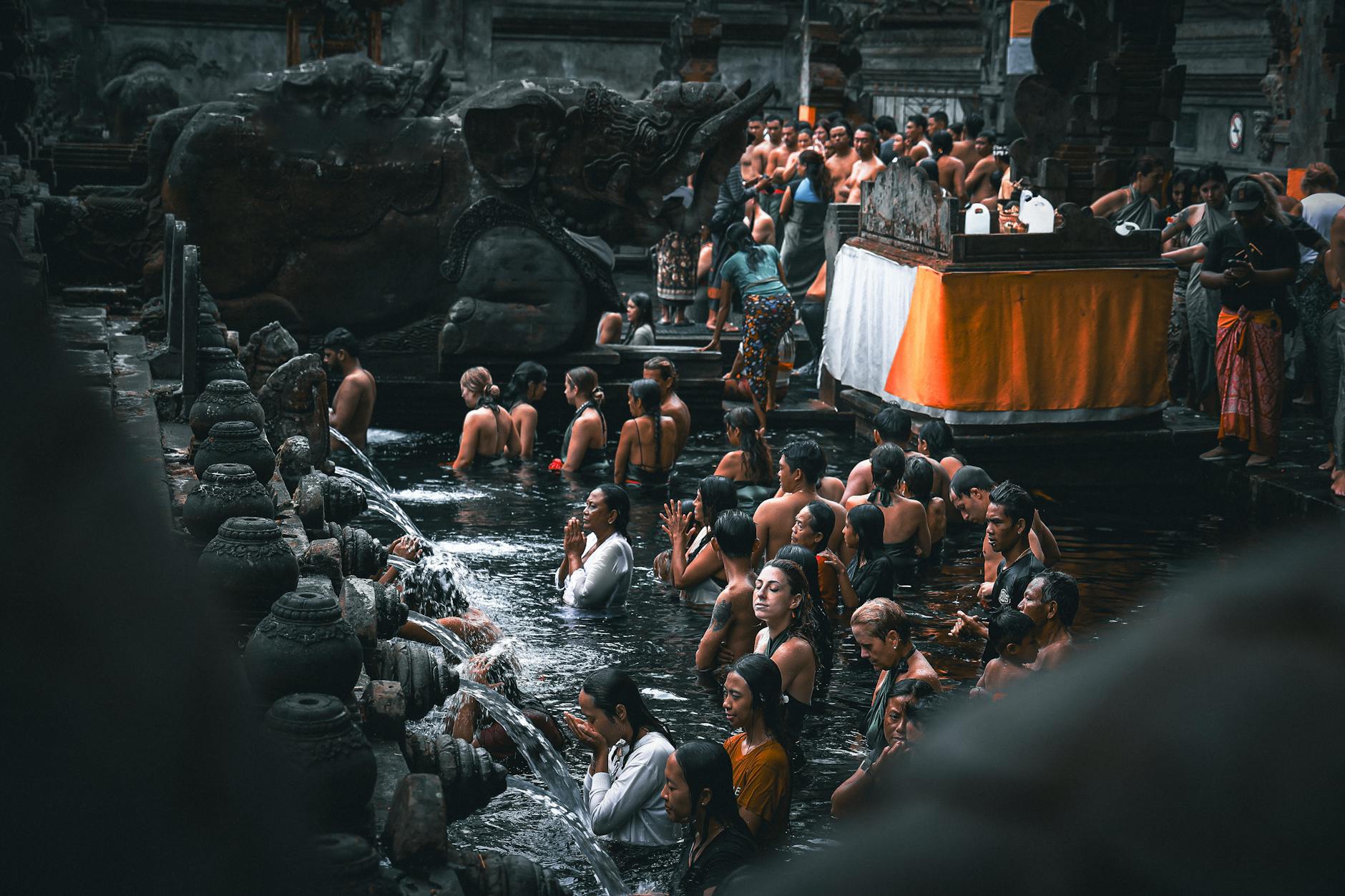 Balinese water purification ceremony at a temple near Ubud