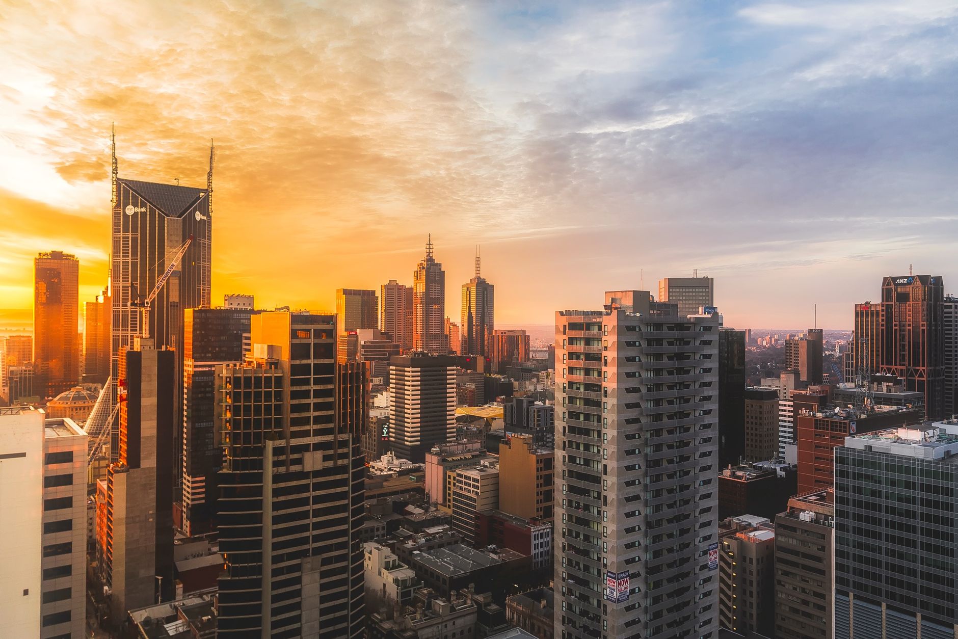 Melbourne city skyline at sunset in Australia