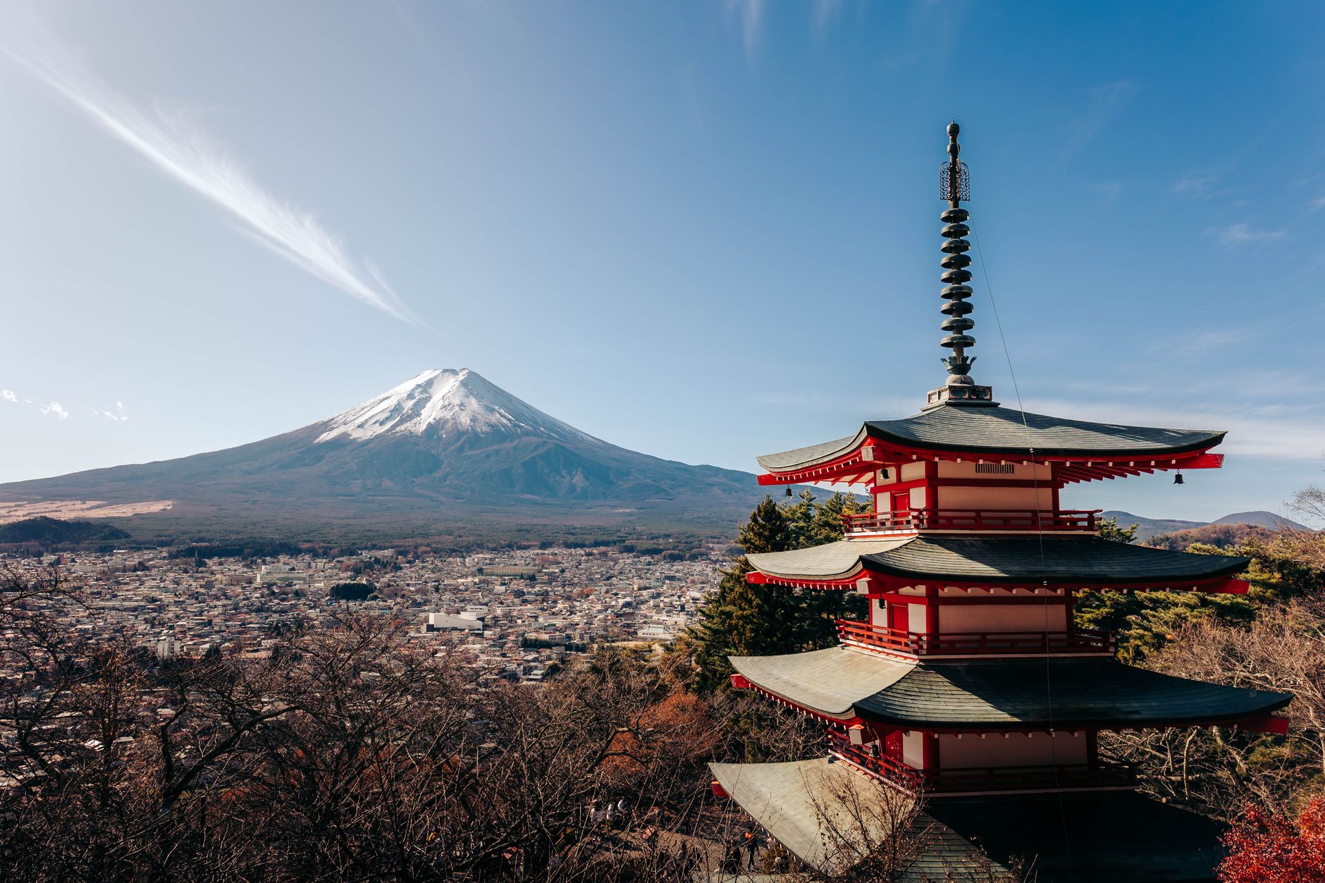 Mount Fuji and Chureito Pagoda in Japan with traditional red architecture