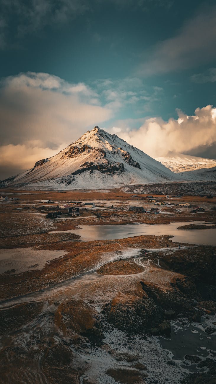 Snow covered mountain and dramatic landscape in Iceland