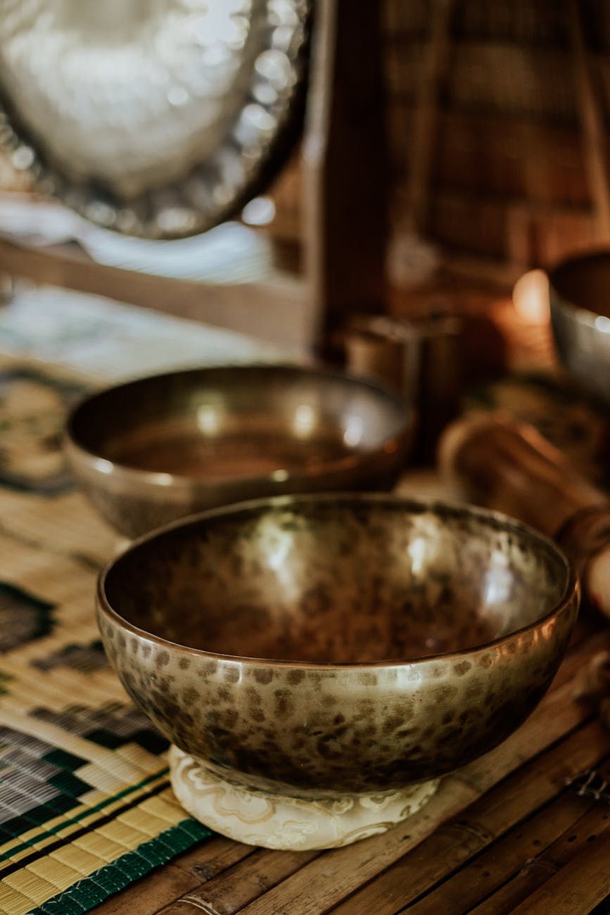 Sound healing bowls used during a wellness session in Ubud, Bali