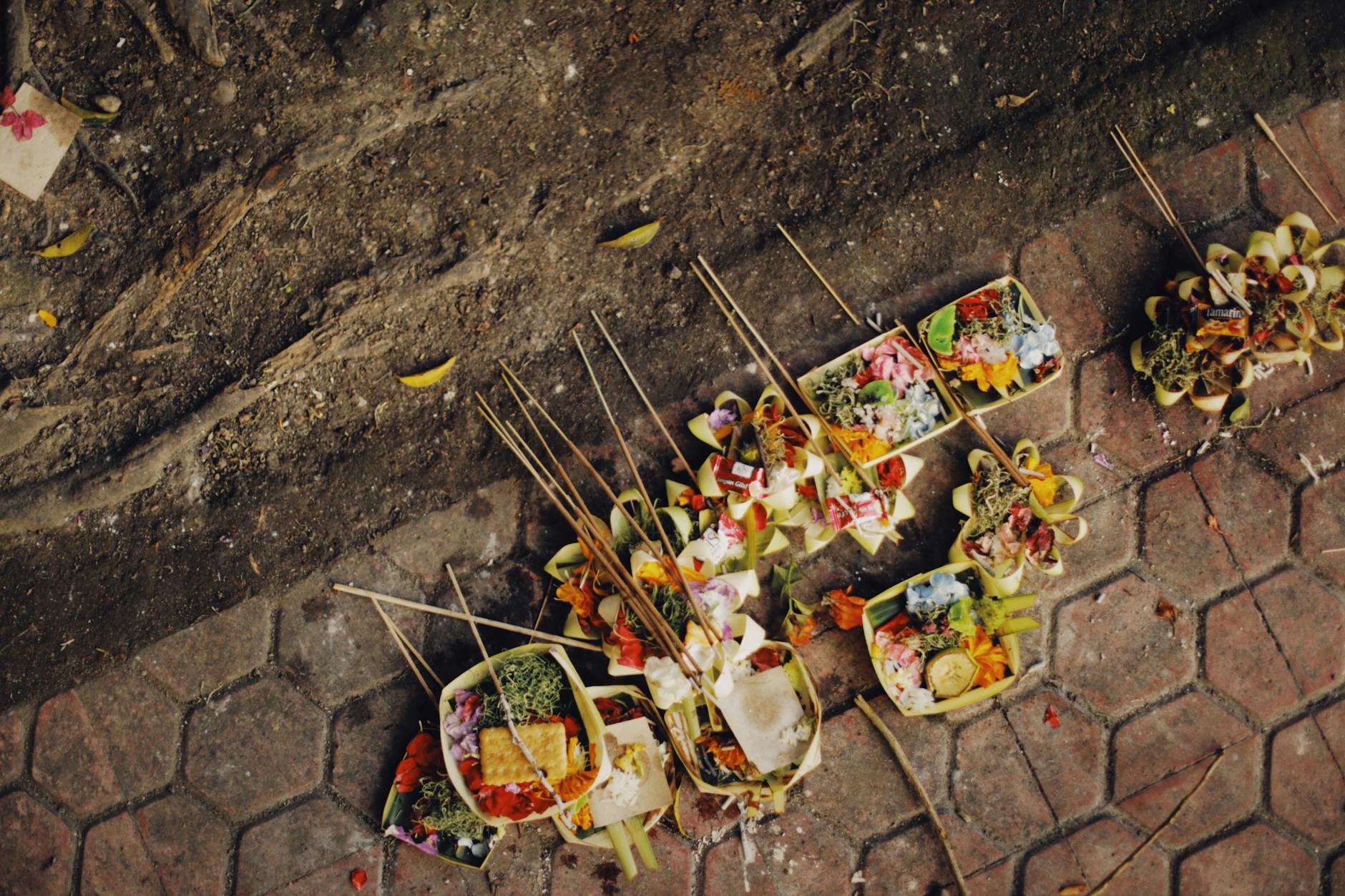 Traditional Balinese offerings made with flowers and palm leaves in Ubud