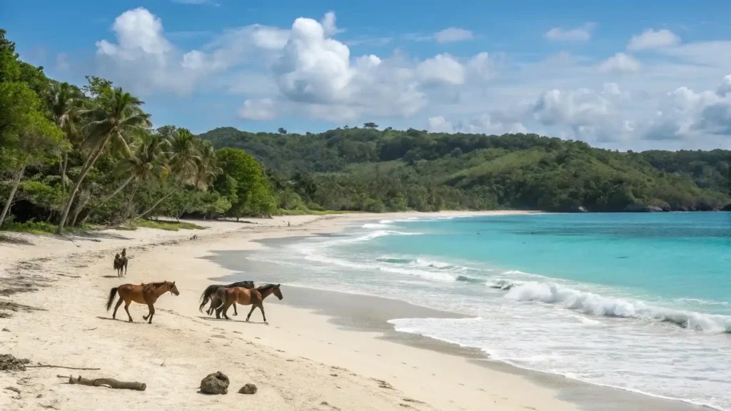 Horses walking along Puru Kambera Beach near Waingapu in Sumba
