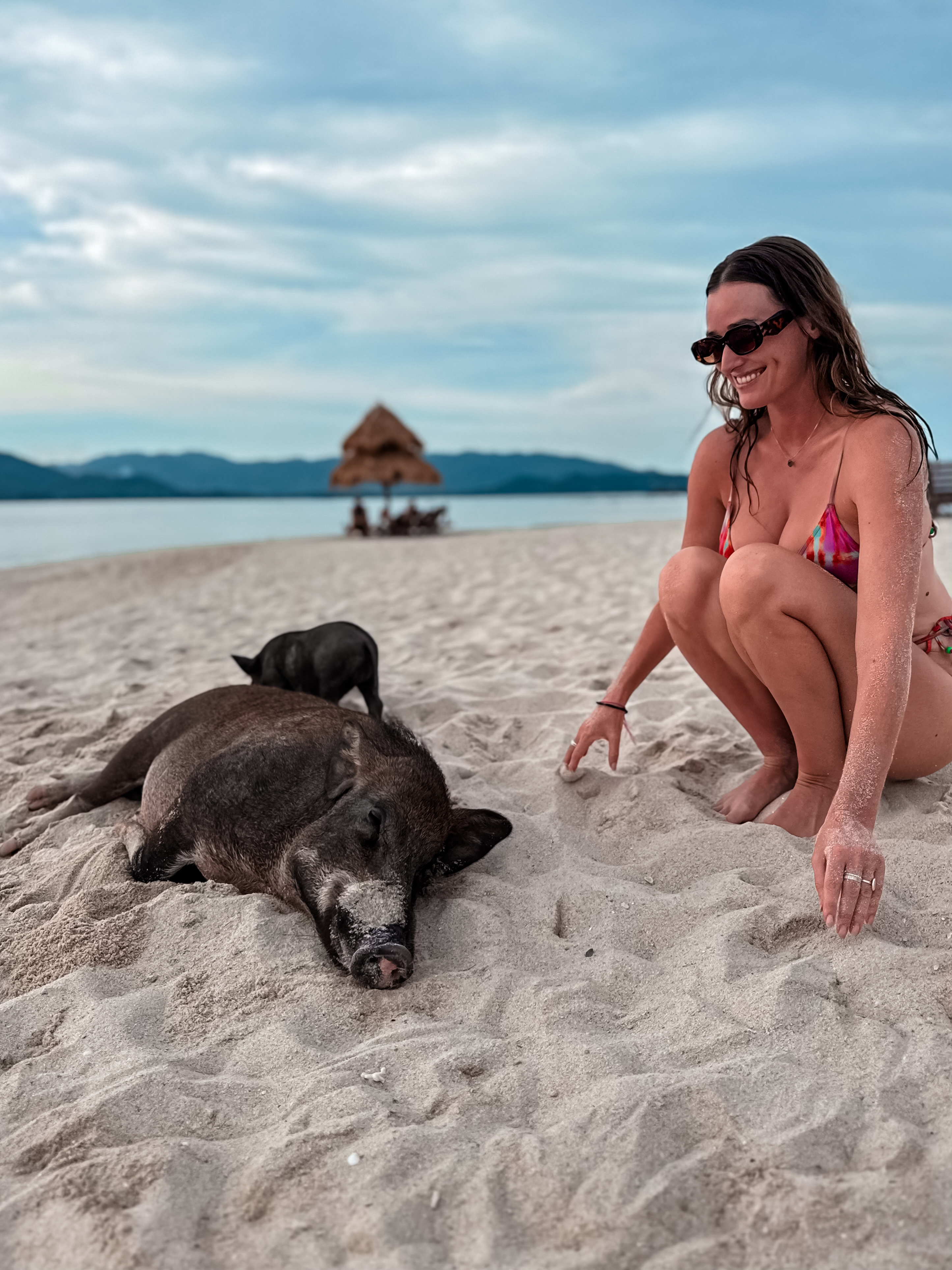 Carlijn de Jong on the beach with pigs during a Pig Island travel vlog in Thailand