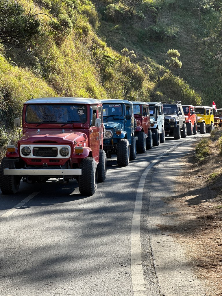 Jeep convoy on the road to Mount Bromo sunrise viewpoint