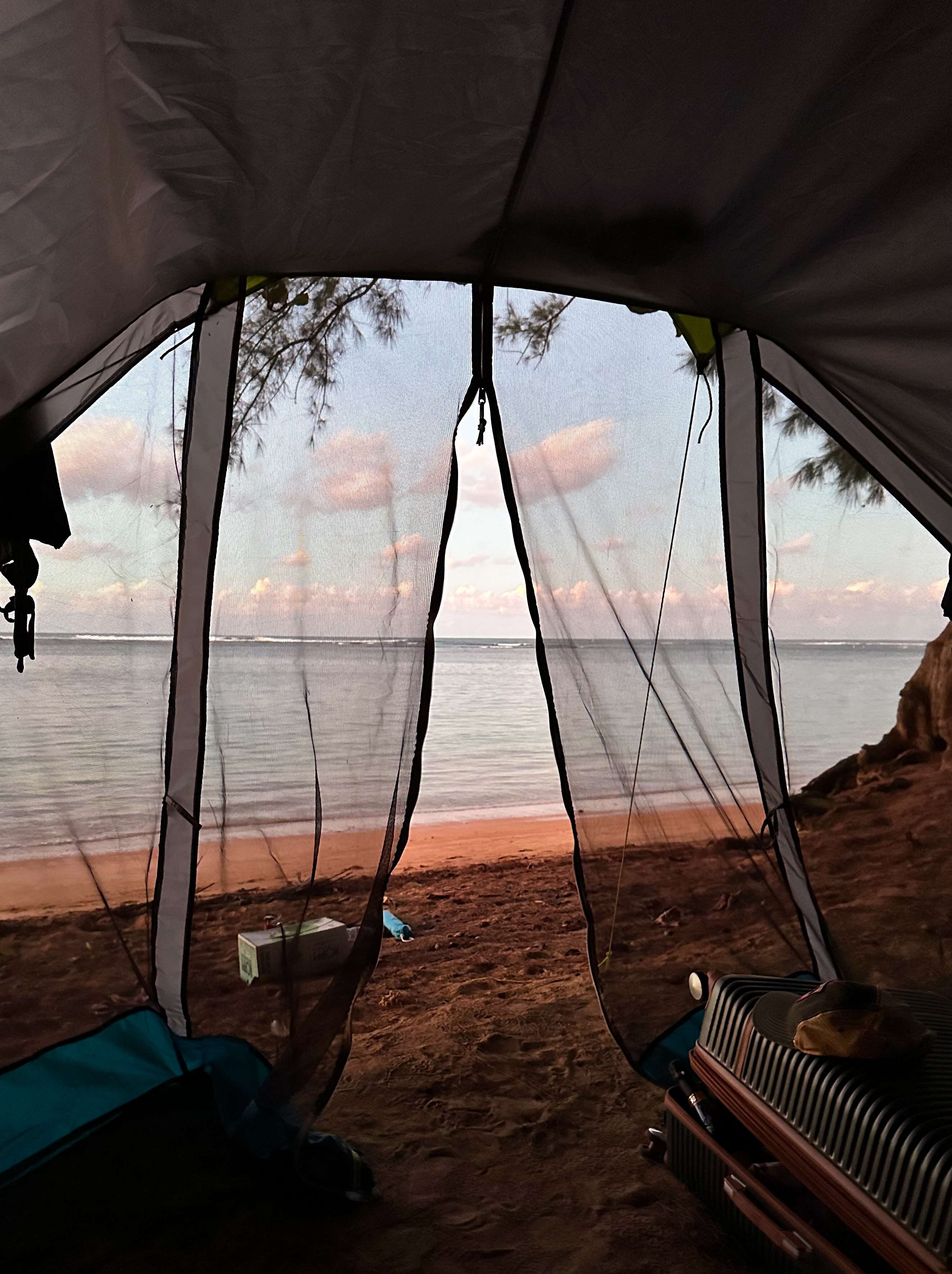View from a beach tent looking out at the ocean in Hawaii