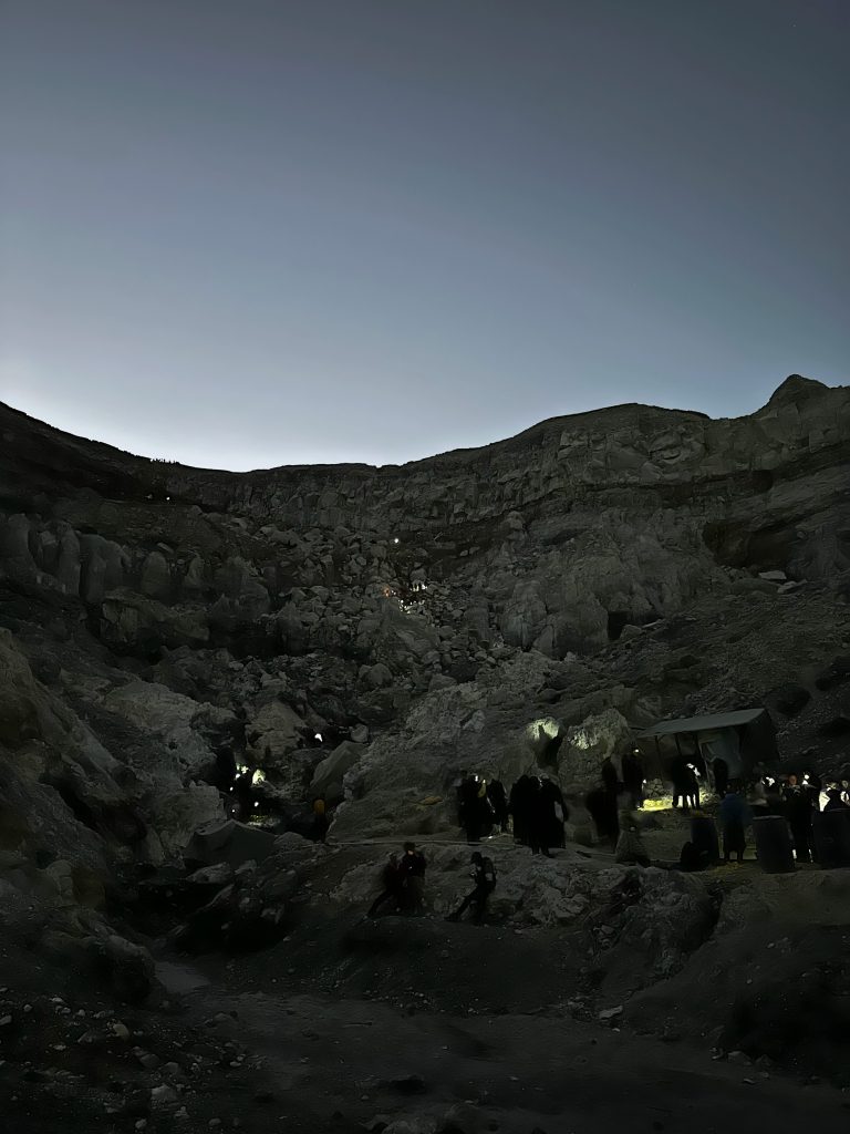Night hiking trail inside Kawah Ijen crater in East Java Indonesia
