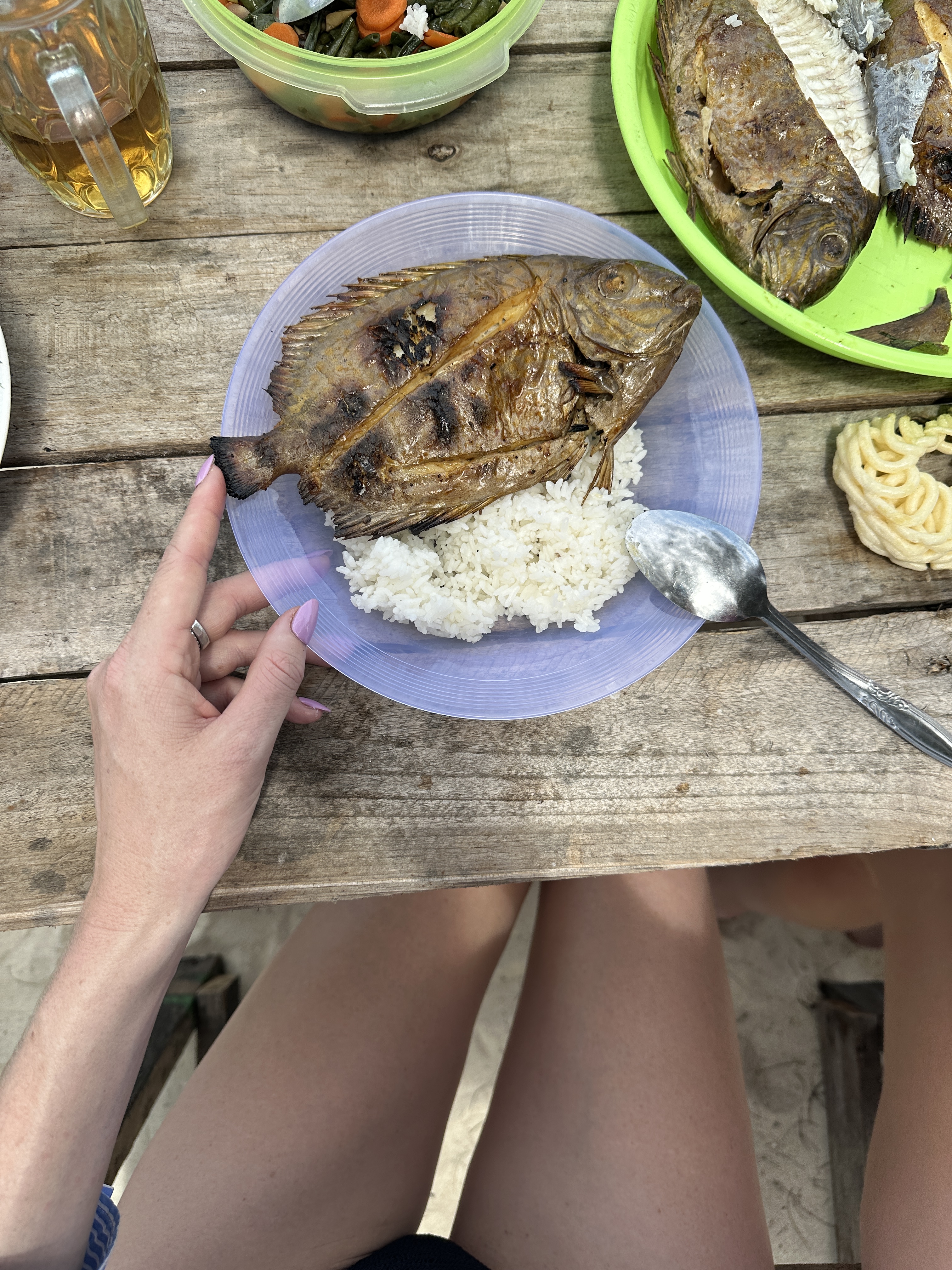 Grilled fish with rice at a local warung in Java, Indonesia.
