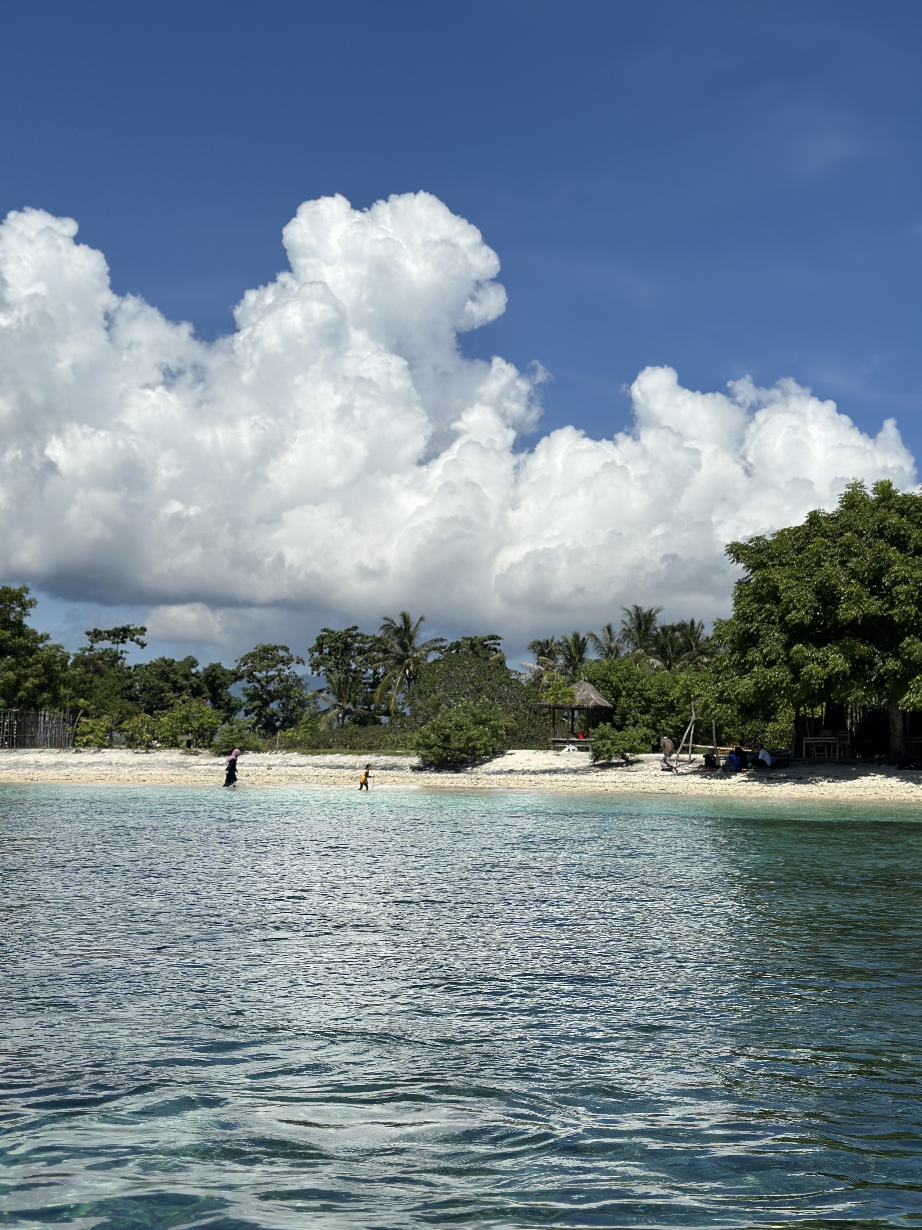 Small island beach near Gili Asahan with white sand, palm trees, and clear water