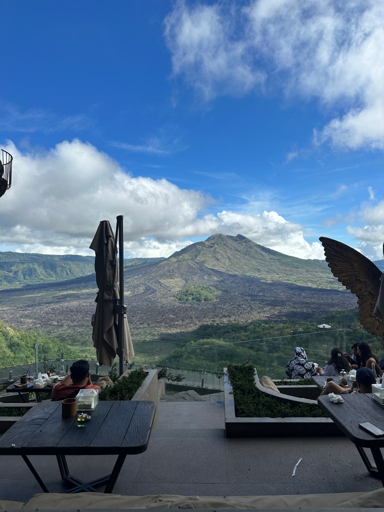 Cafe terrace with panoramic views of Mount Batur and Lake Batur in Kintamani