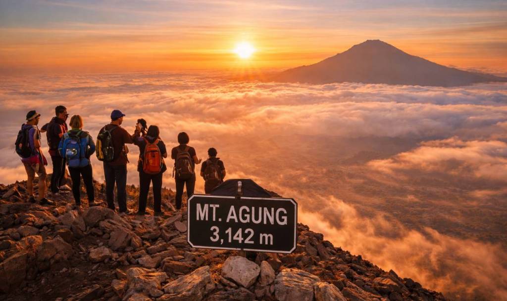 Hikers at the Mount Agung summit sign in Bali Indonesia
