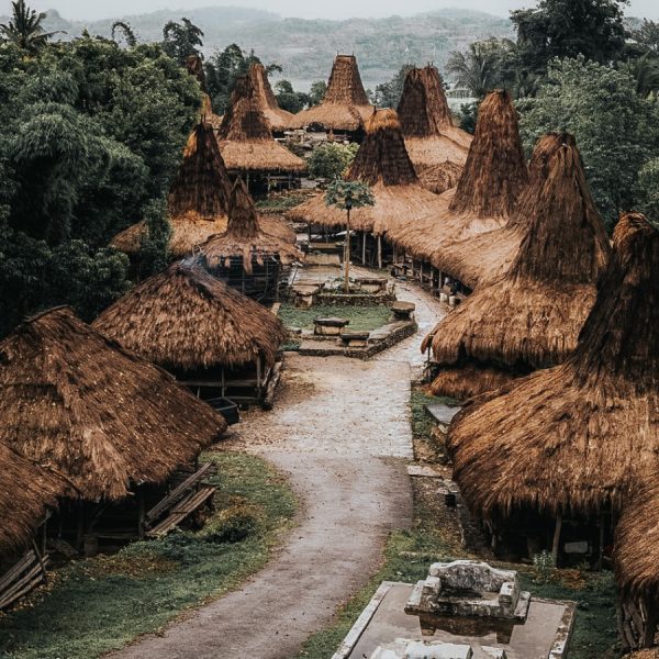 Traditional Sumbanese village with tall thatched houses in Sumba