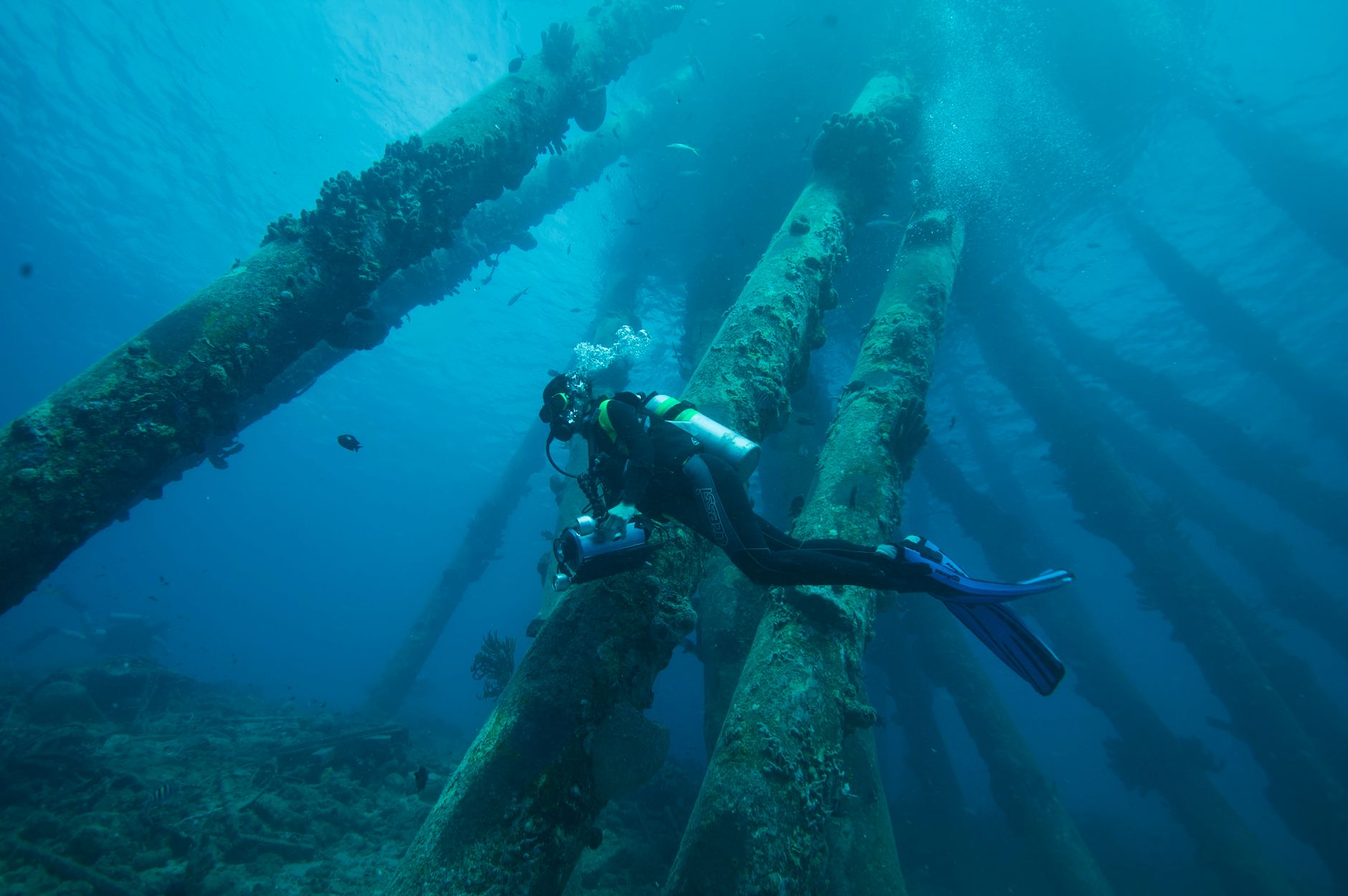 Diver exploring the USAT Liberty shipwreck in Tulamben Bali
