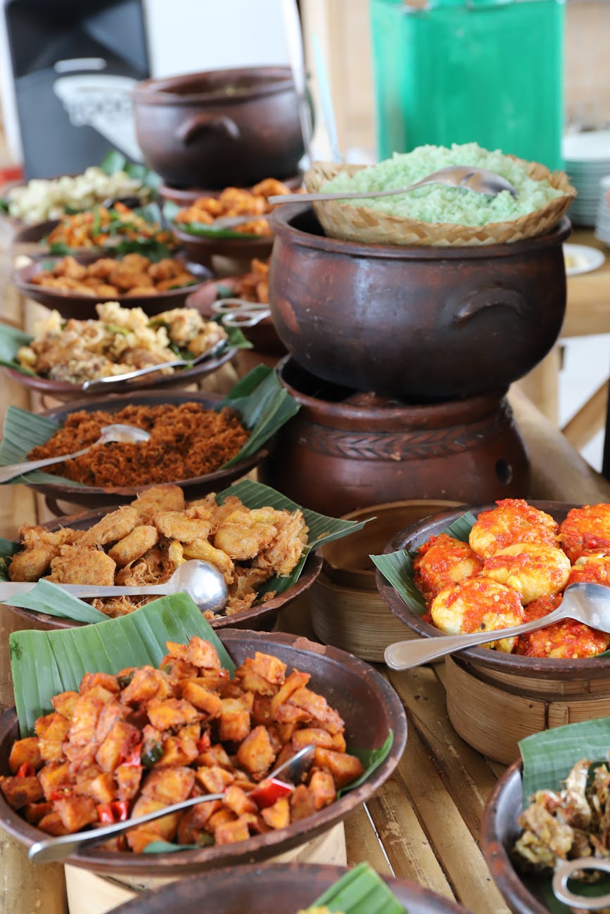 Indonesian street food dishes served at a local food market in Surabaya