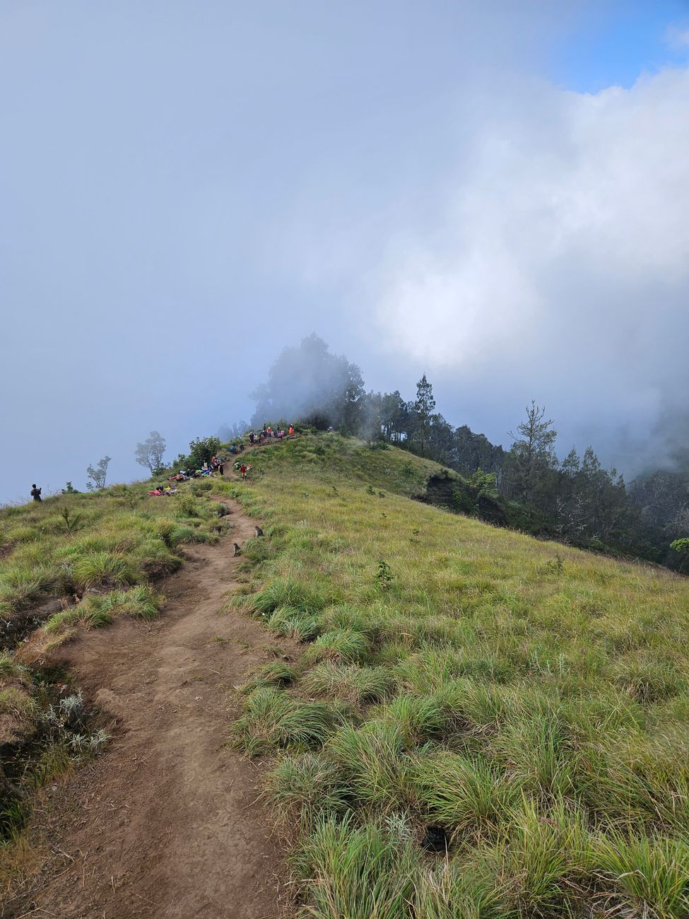 Misty hiking trail along the Mount Rinjani crater rim in Lombok