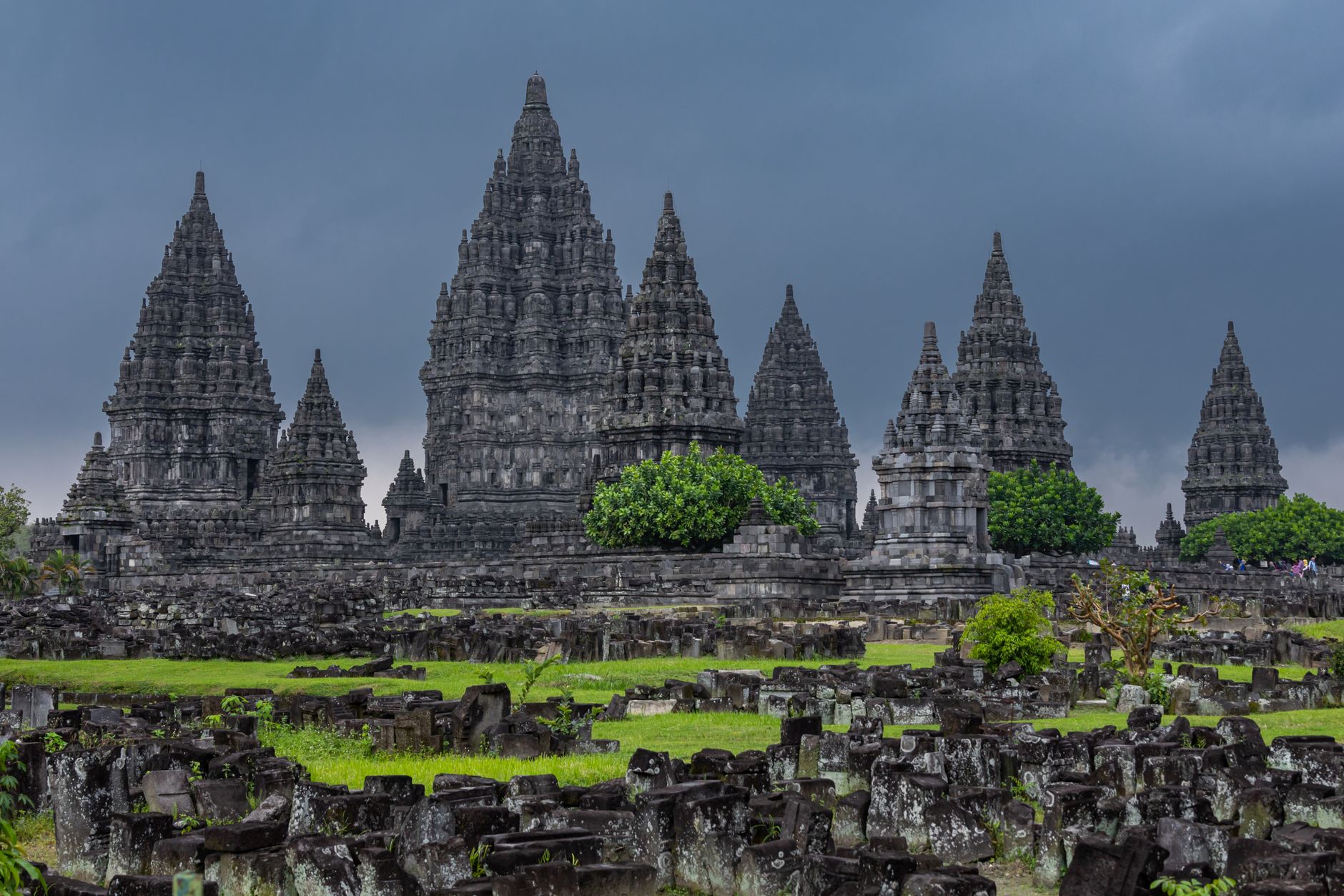 Prambanan Temple complex with tall Hindu towers near Yogyakarta