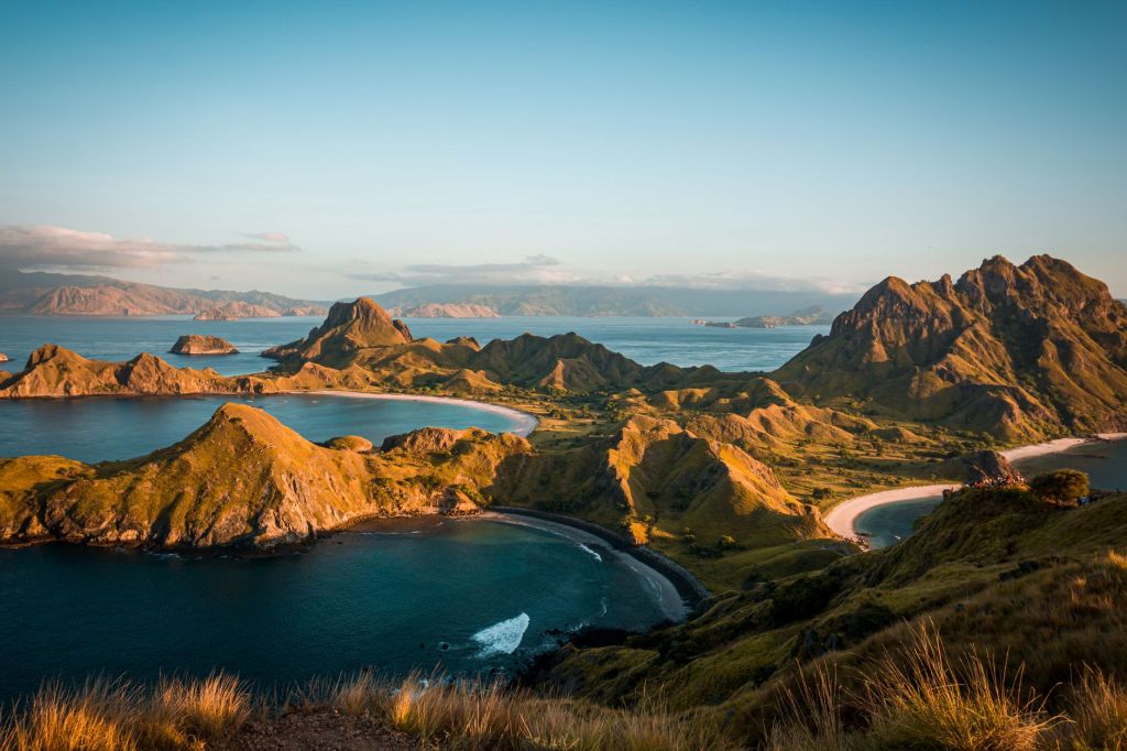 Aerial view of Padar Island and turquoise bays in Komodo National Park Indonesia