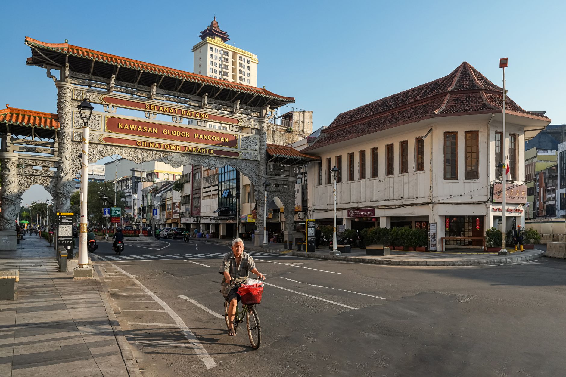 Chinatown street scene and gate in Semarang, Central Java