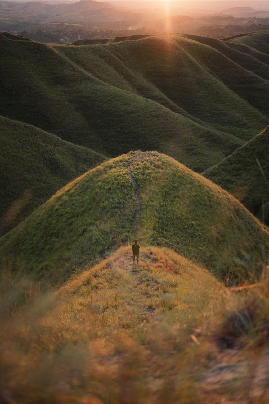 Person standing on the golden rolling hills of East Sumba at sunset