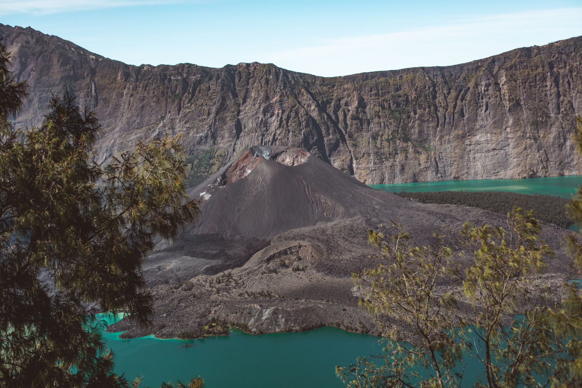 Mount Rinjani crater lake and volcanic cone in Lombok Indonesia