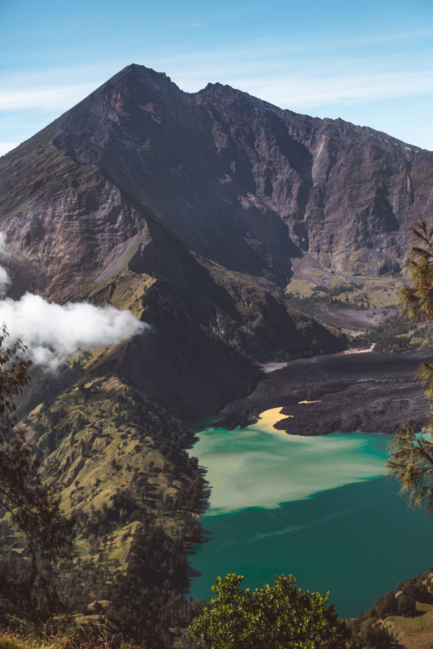 Mount Rinjani summit view over Segara Anak lake in Lombok
