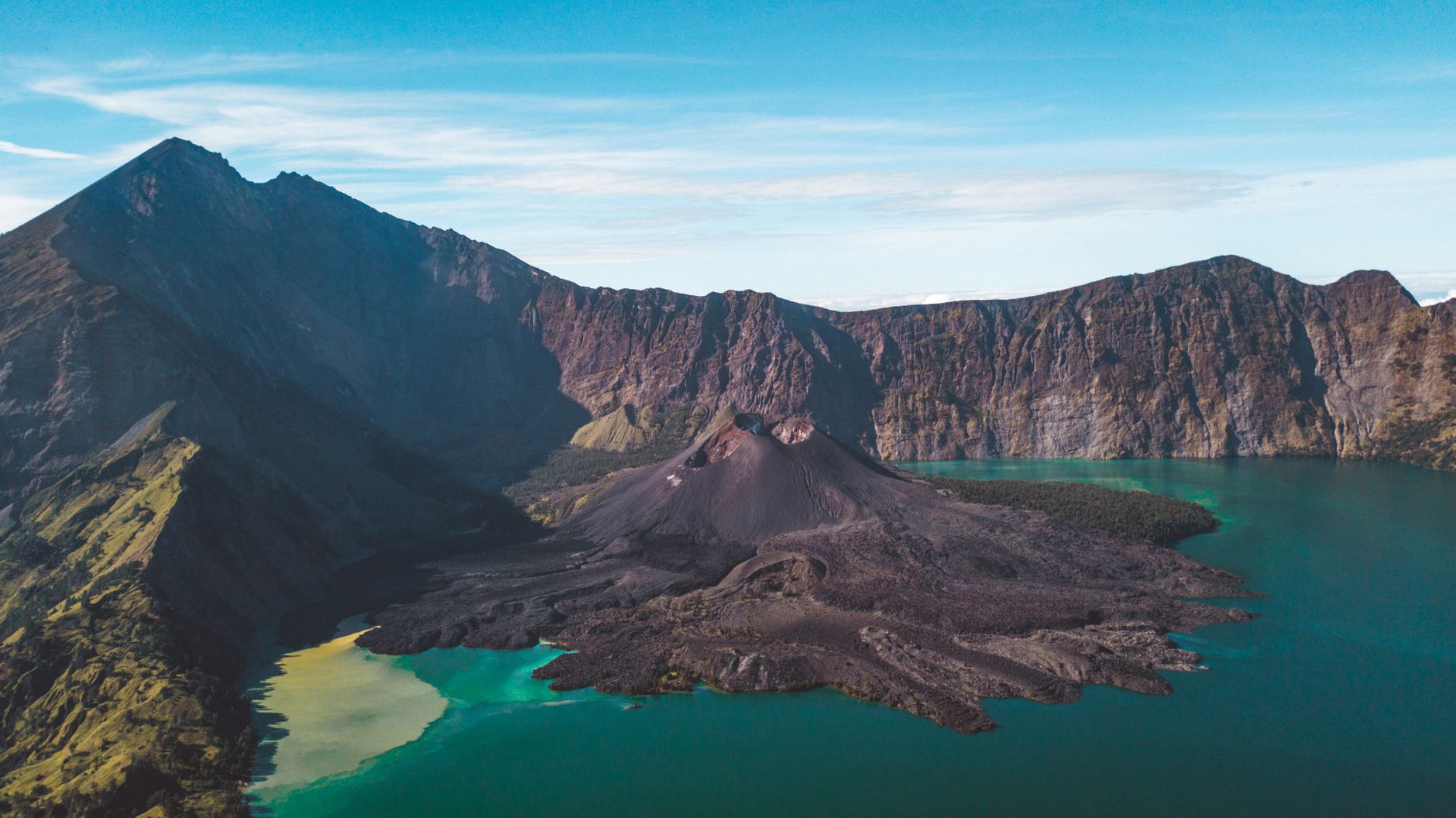 Mount Rinjani crater lake and volcanic cone from the rim