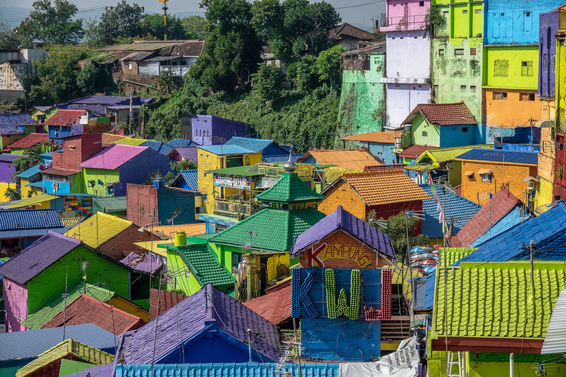 Colorful houses and bridge in Jodipan Village, Malang