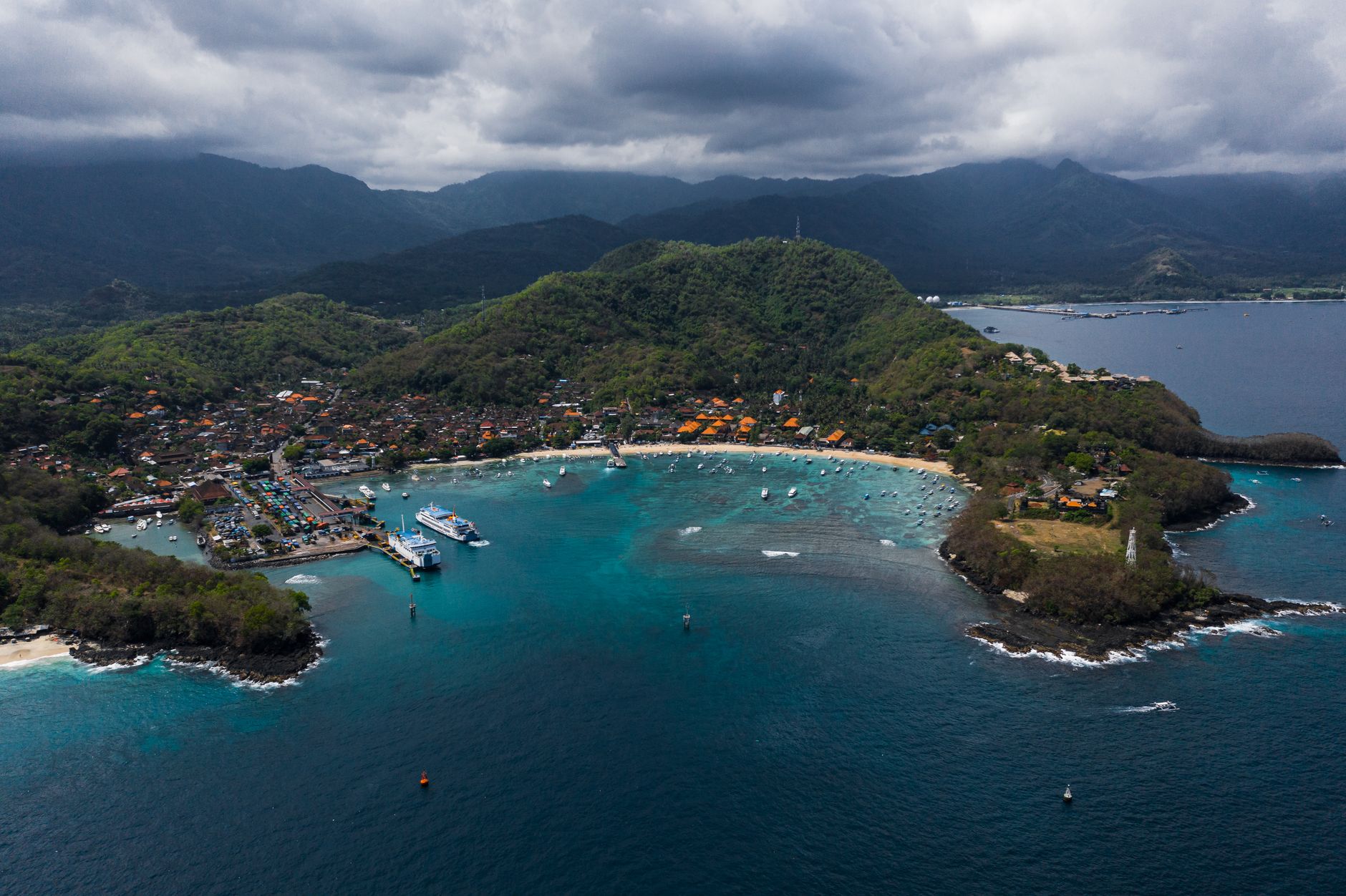 Aerial view of Blue Lagoon and Padang Bai coastline in East Bali