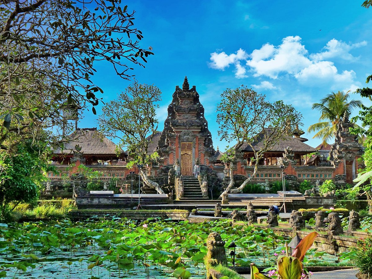 Lotus ponds and temple architecture at Saraswati Temple in Ubud