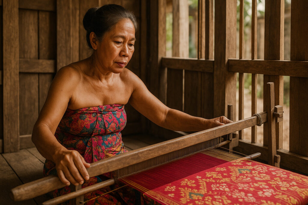 Balinese woman doing traditional weaving in Sidemen village