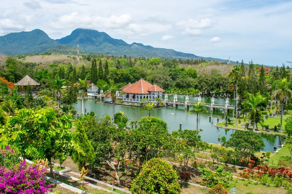 Gardens, ponds, and mountain views at Taman Ujung Royal Palace in East Bali