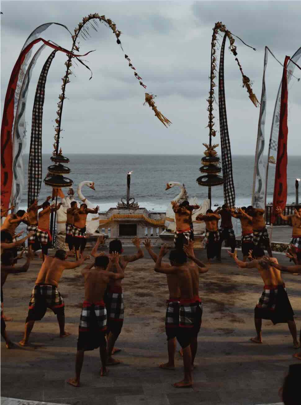 Traditional Kecak fire dance performance at Uluwatu Temple in Bali