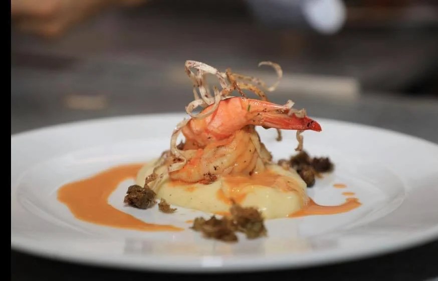 Gourmet seafood dish served at Château de Labourdonnais in Mauritius.