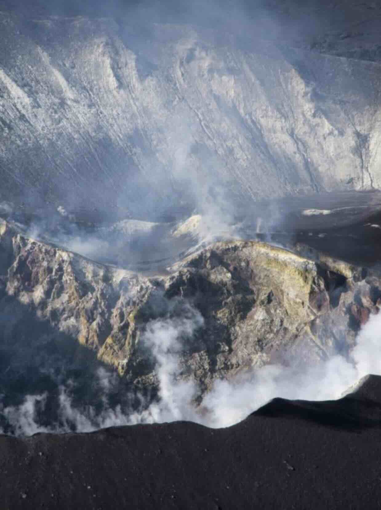 Close view of the volcanic crater area on Mount Agung in Bali