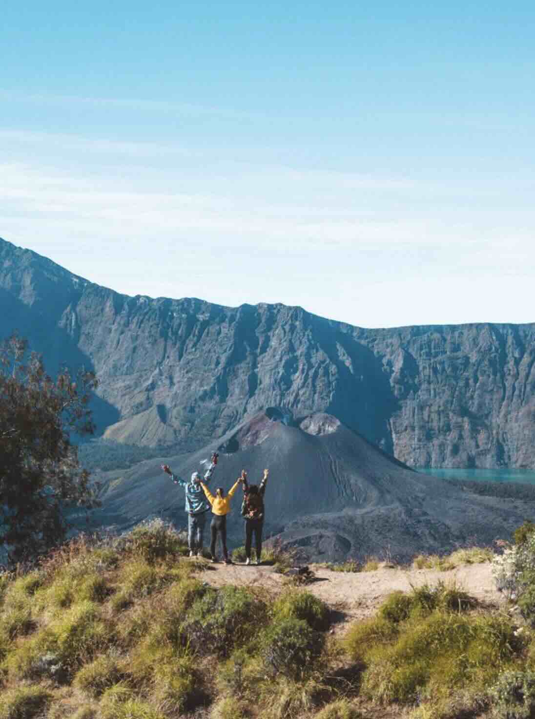 Hikers standing on the crater rim during a Mount Rinjani trek in Lombok