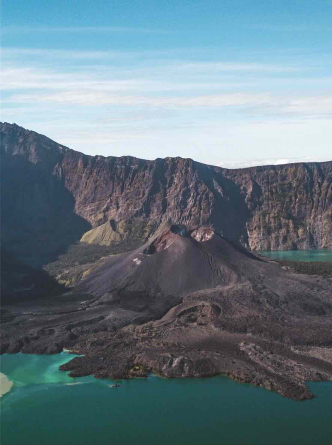 Segara Anak crater lake and volcanic cone inside Mount Rinjani in Lombok