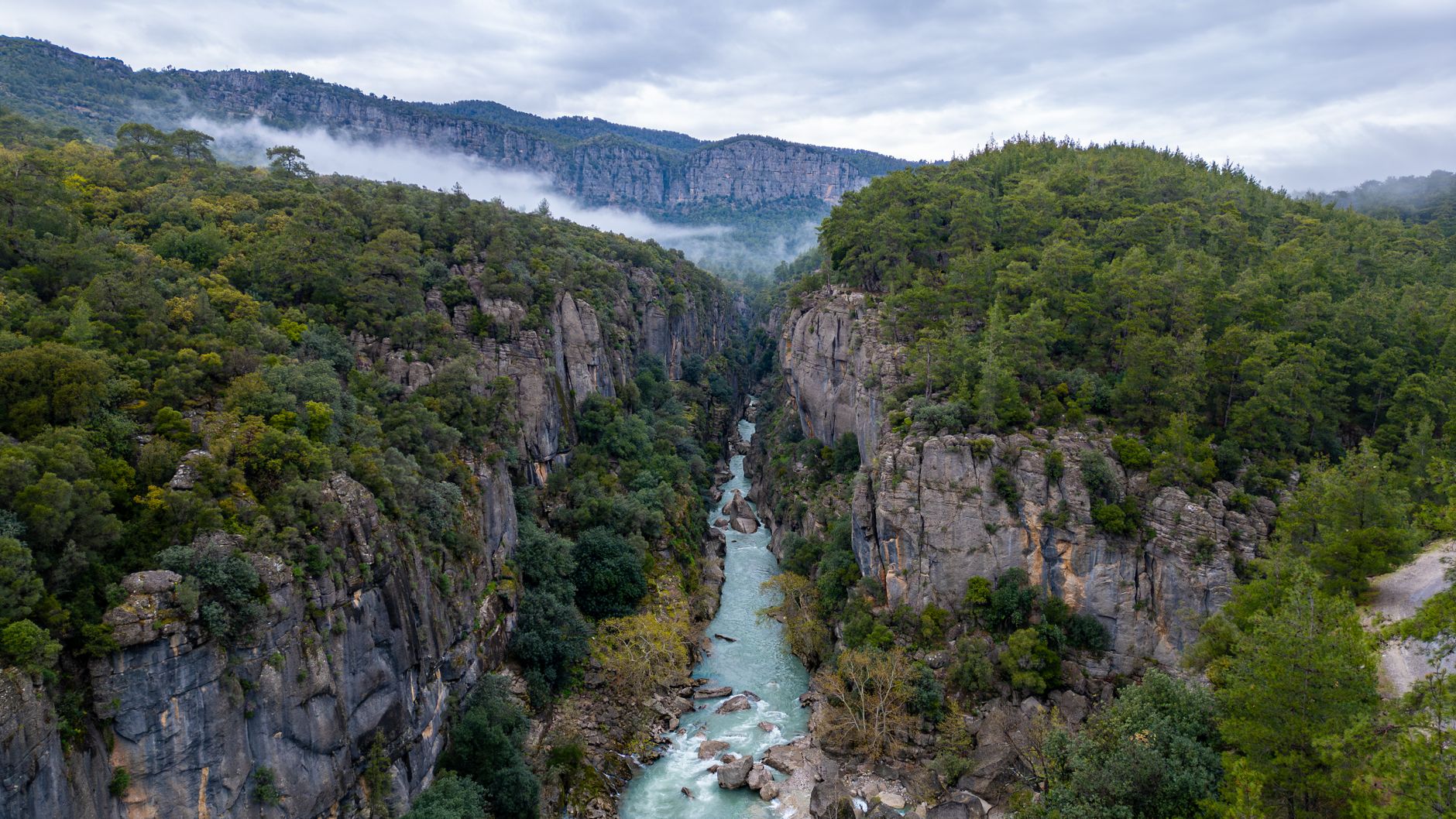 Dramatic canyon and river flowing through Black River Gorges National Park in Mauritius.