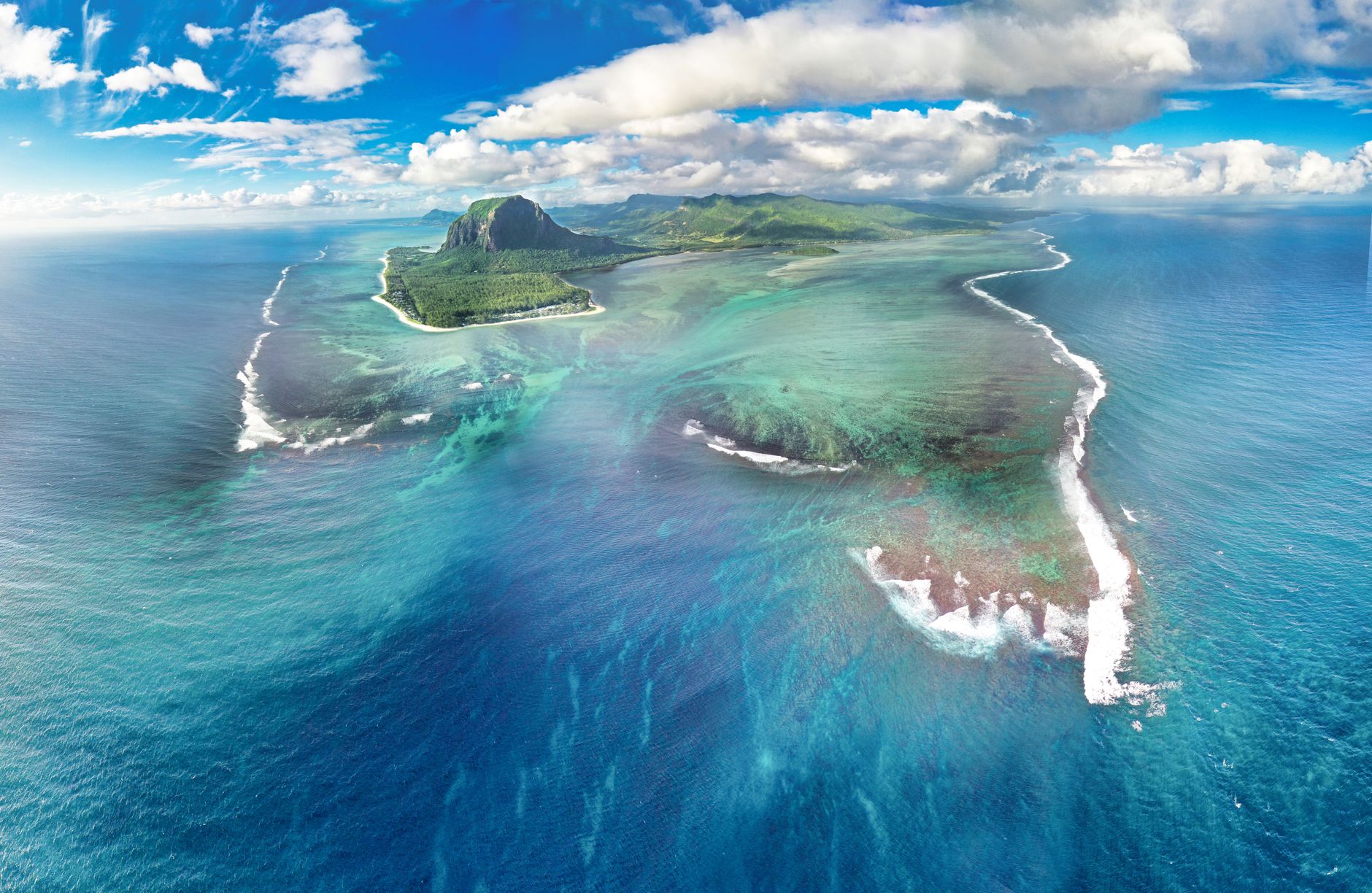 Aerial view of the famous Underwater Waterfall illusion off the coast of Le Morne in Mauritius.