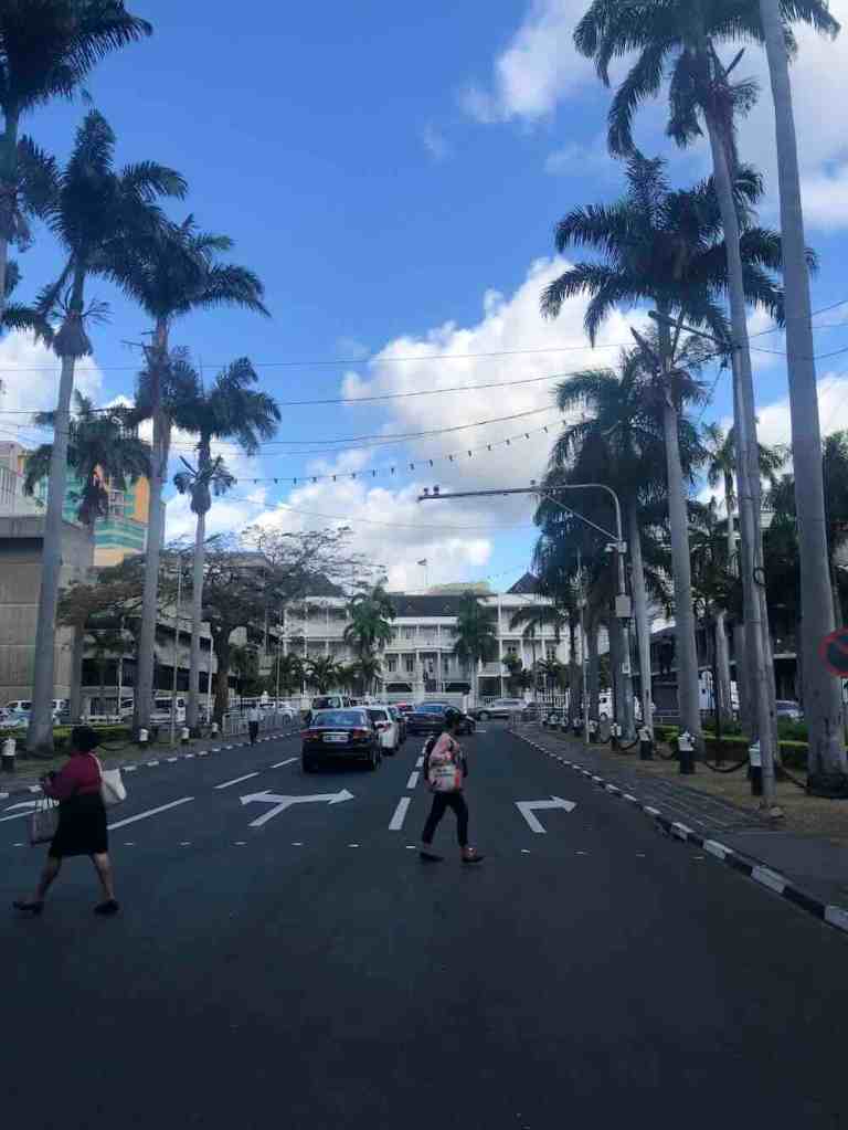 Palm-lined boulevard in the city centre of Port Louis, Mauritius.