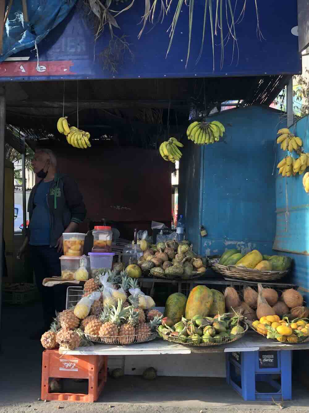Fresh tropical fruit stall at the Central Market in Port Louis, Mauritius.