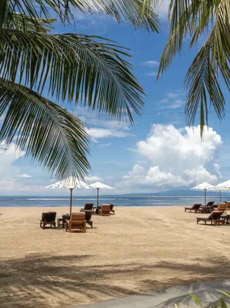Beach loungers under palm trees on the quiet beachfront in Sanur, Bali