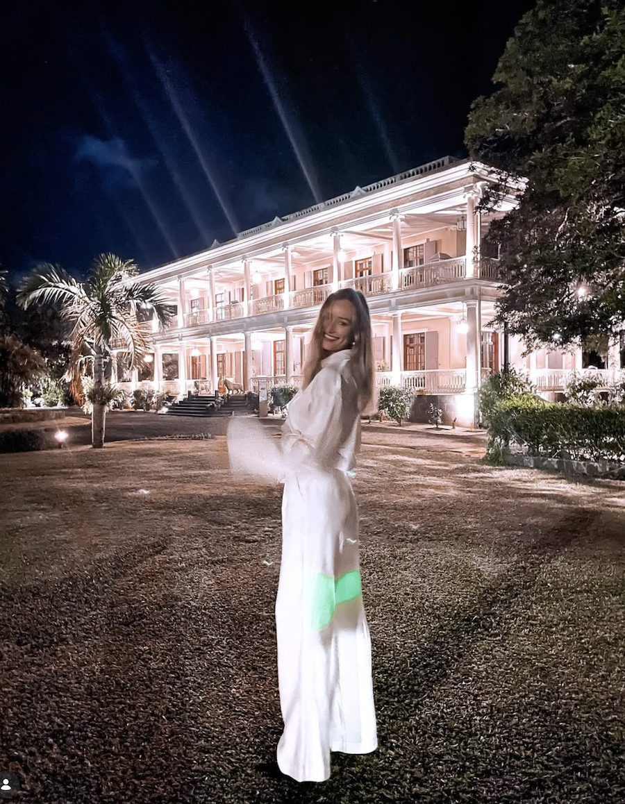 Illuminated Château de Labourdonnais heritage mansion at night in Mauritius.