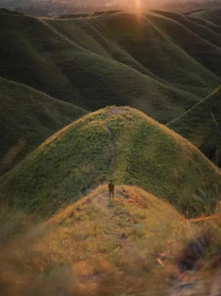 Wairinding Hills at sunset in East Sumba, with golden light over the island’s rolling green hills.