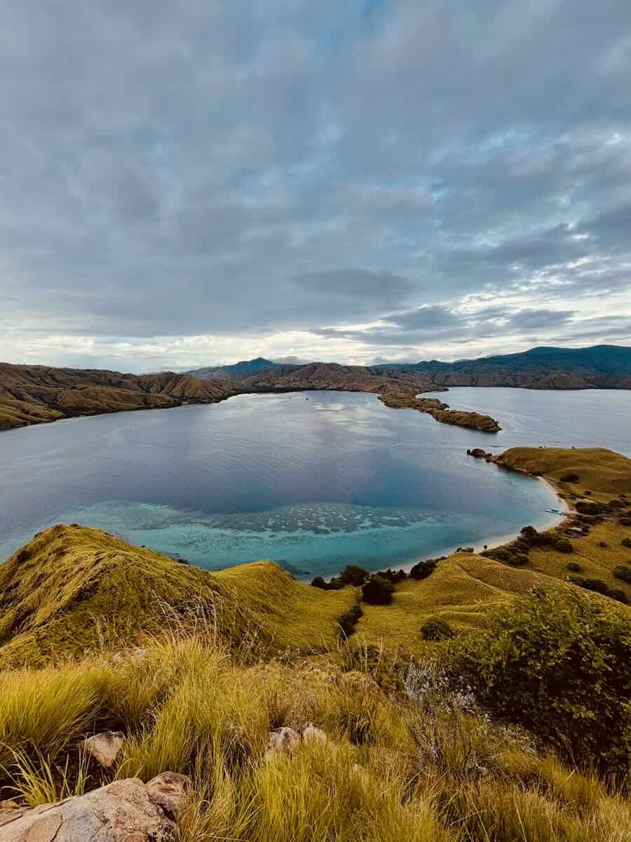 Golden grass and a sheltered bay viewed from Gili Lawa Darat in Komodo National Park.