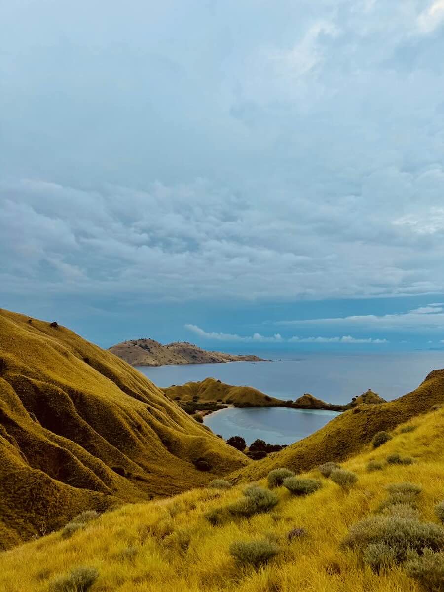 Dry golden hills and blue sea seen from the Gili Lawa Darat hiking trail.
