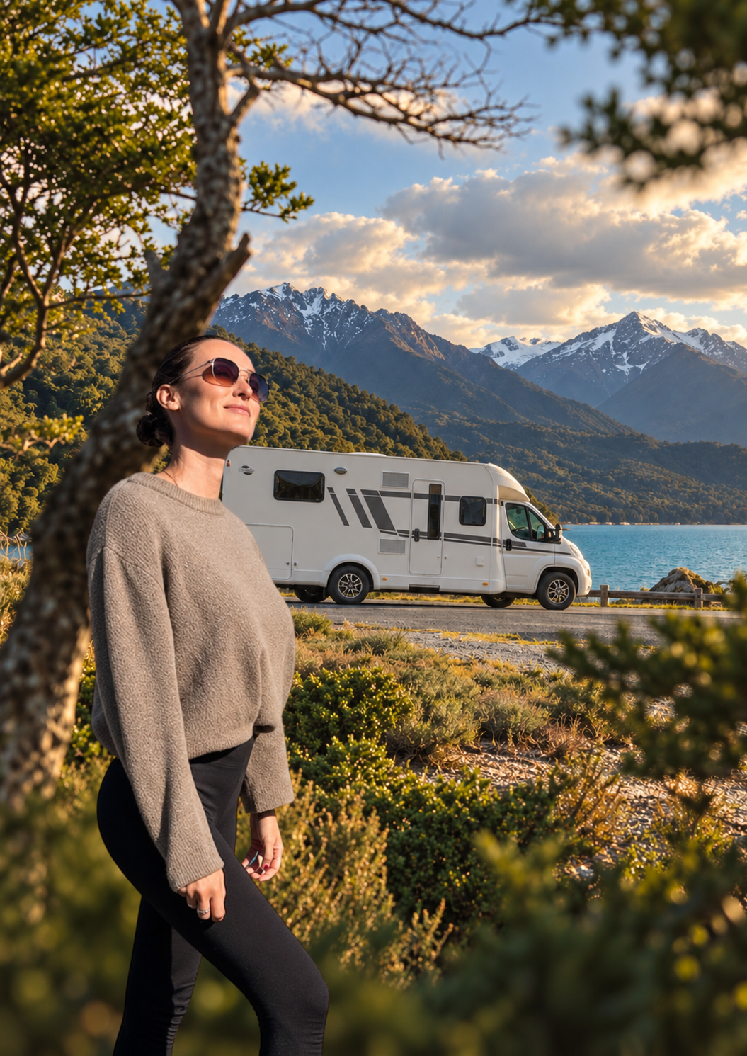 White motorhome parked beside an alpine lake with snow-capped mountains on New Zealand’s South Island at golden hour.