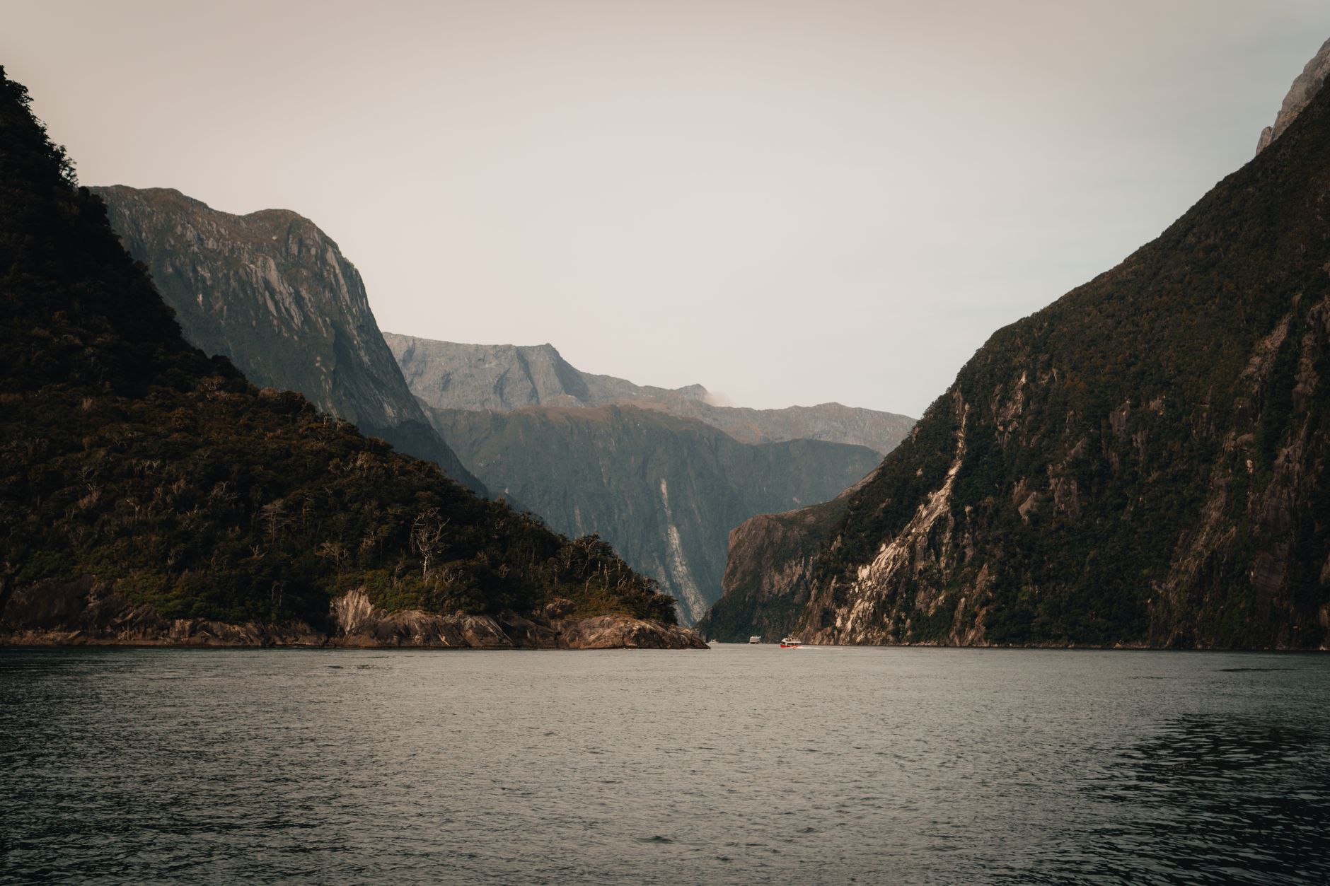 Dark mountain walls rising directly from the water of Milford Sound in Fiordland National Park.