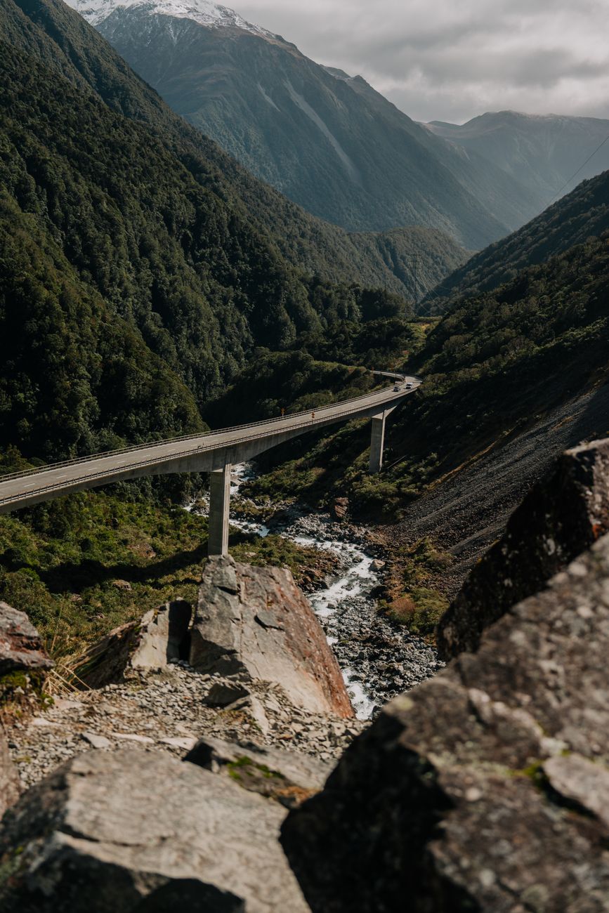Ōtira Viaduct winding through a steep mountain valley on SH73 near Arthur’s Pass.